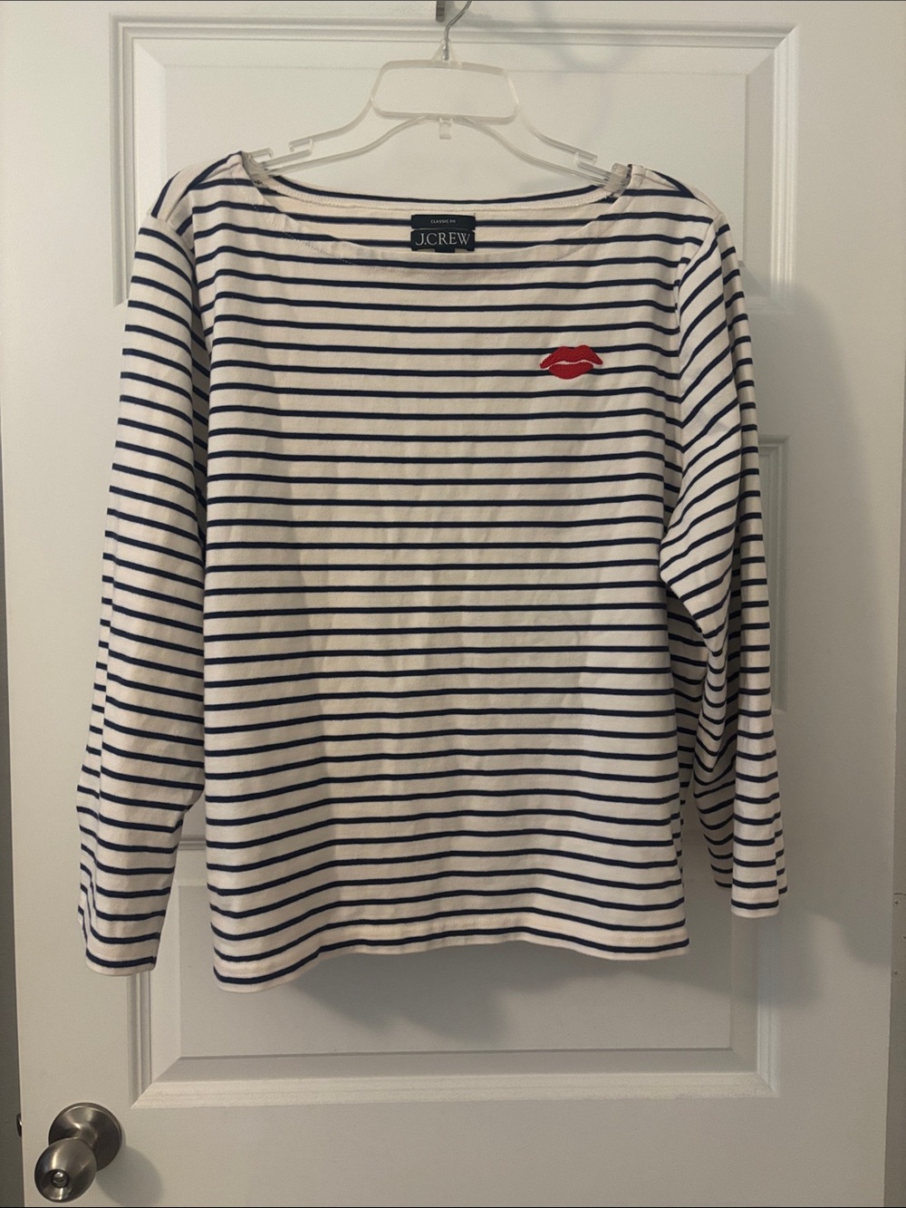 J Crew Boatneck top white & navy stripes SZ XXL embroidered red kiss nautical